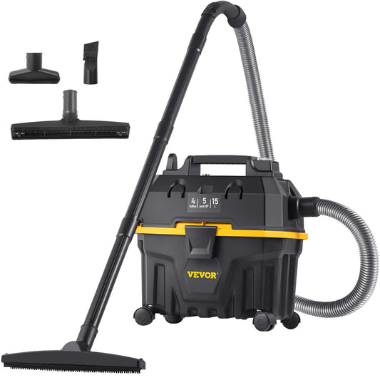 VEVOR Wet Dry Vac, 4 Gallon, 5 Peak HP, 3 in 1 Shop Vacuum with Blowing Function Portable Attachments to Clean Floor, Upholstery, Gap, Car, ETL Listed, Black/Yellow